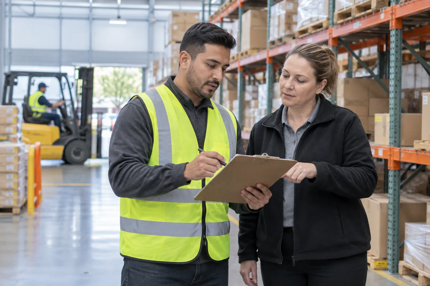 A worker reviews warehouse tasks with a supervisor